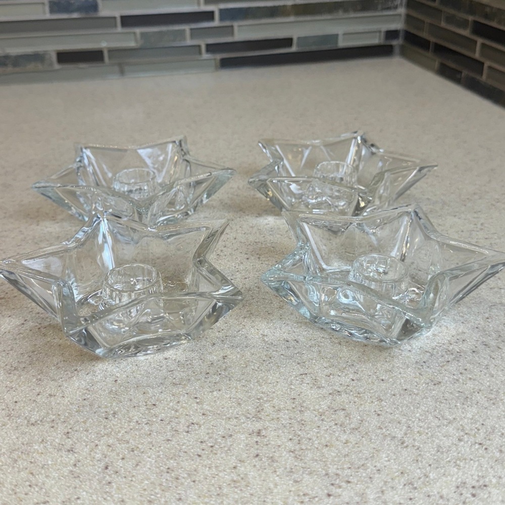 Set of 4 Clear Glass Star Taper Candle Holders Celestial Votive Decor 4.5 Inch